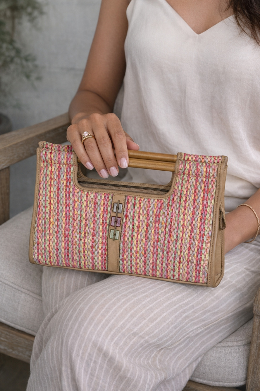Vintage EGO Woven Straw Handbag Wood Handle Multicolor Resort Summer Chic Y2K
